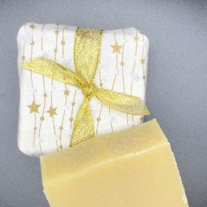 Christmas Soap – white, gold & silver stars with gold ribbon